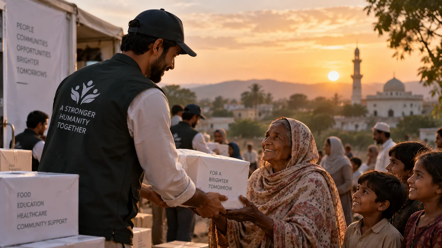 A foundation volunteer hands a relief package to a family