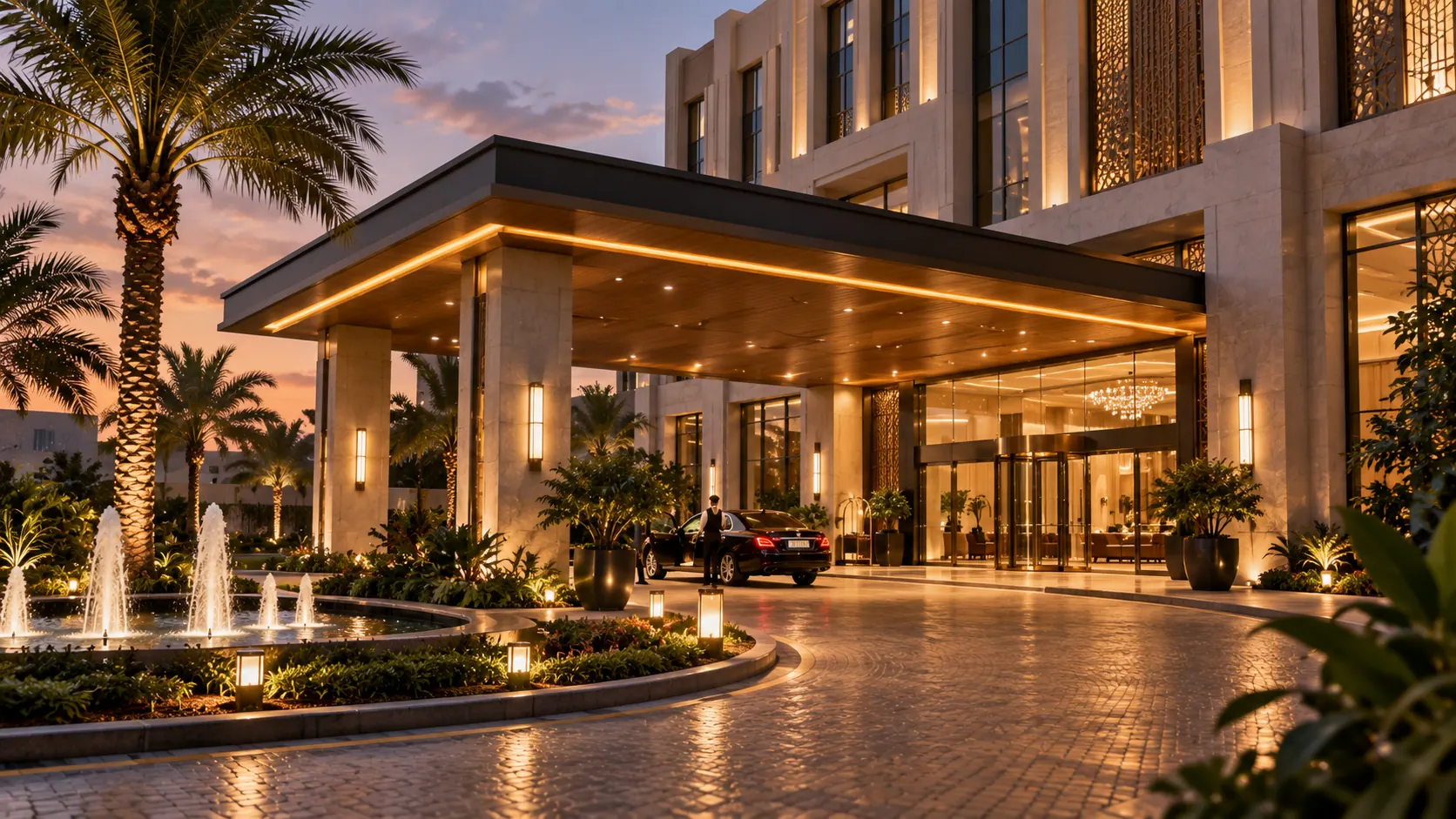 Hotel entrance at twilight