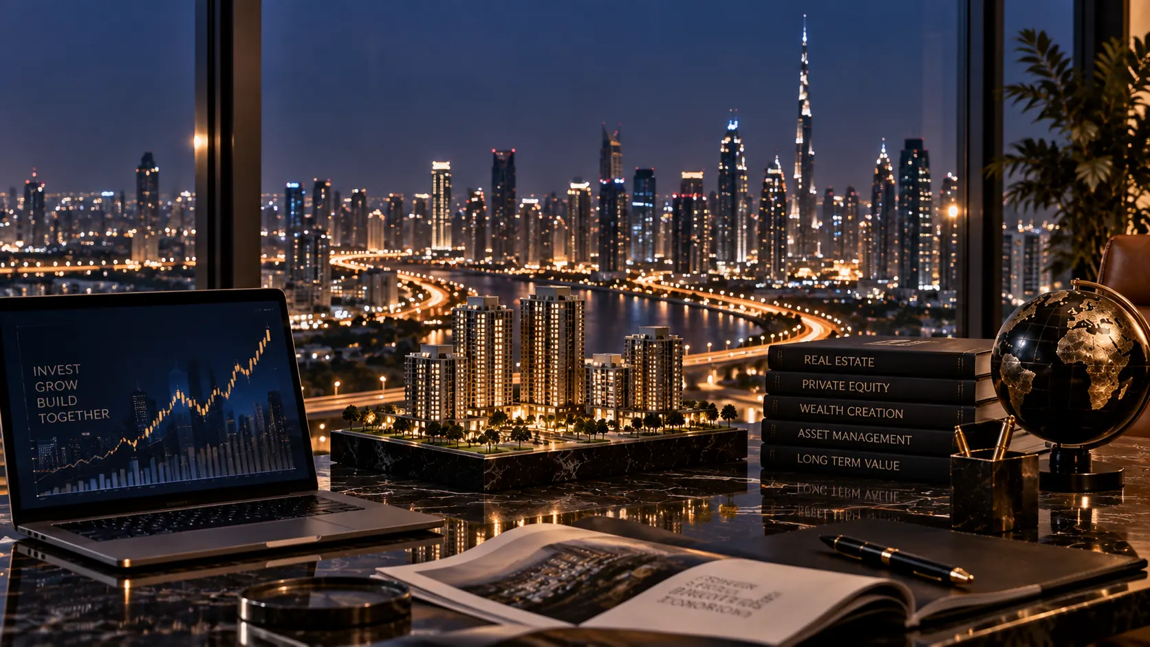 Night skyline seen from an investment office