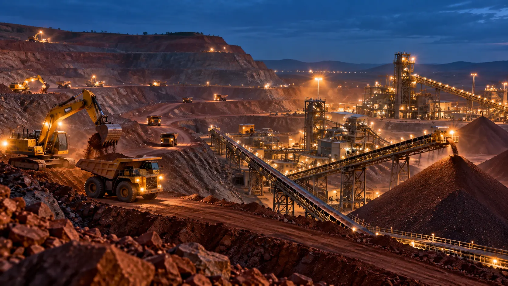 Mining site lit at dusk