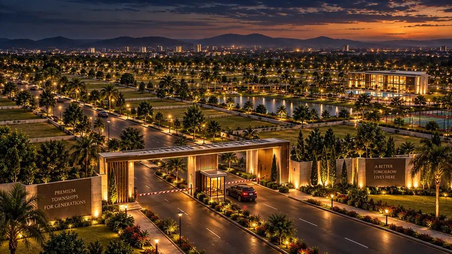 Night view of an Arsh township entrance with landscaped roads and street lighting